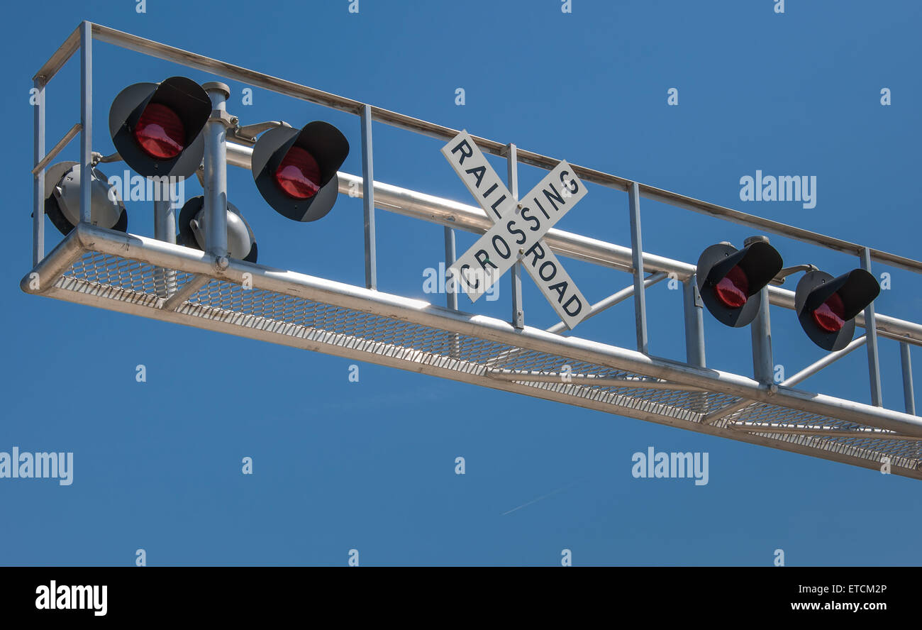 New overhead railroad crossing signal Stock Photo