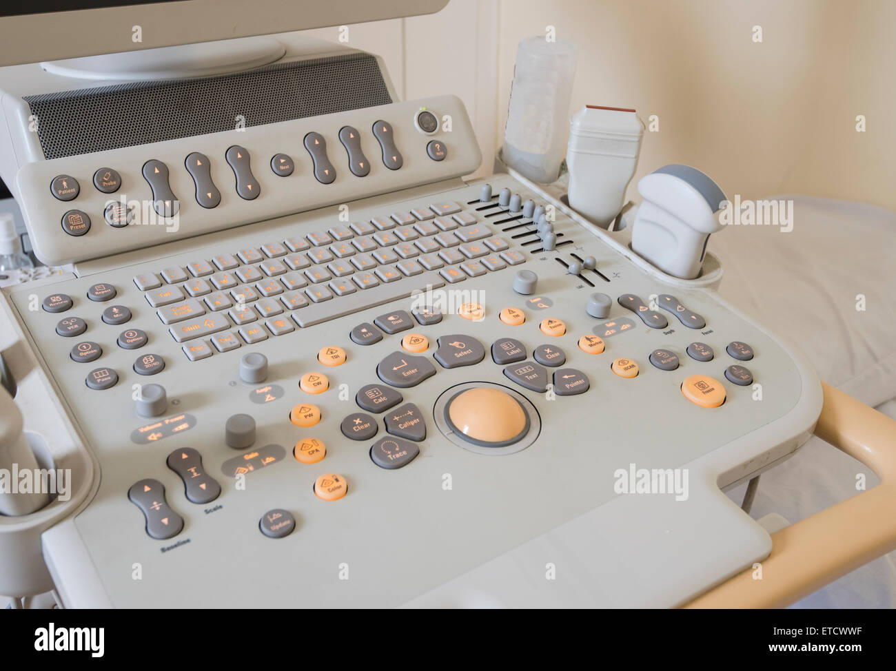 Closeup detail of an ultrasound scanner machine control keypad in