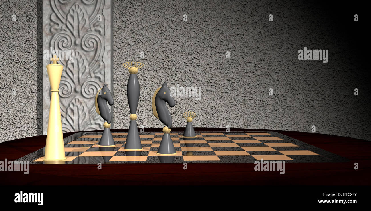 Strategic chess move concept. Checkmate with two knights and a Queen on a checkerboard made of glass. Stock Photo