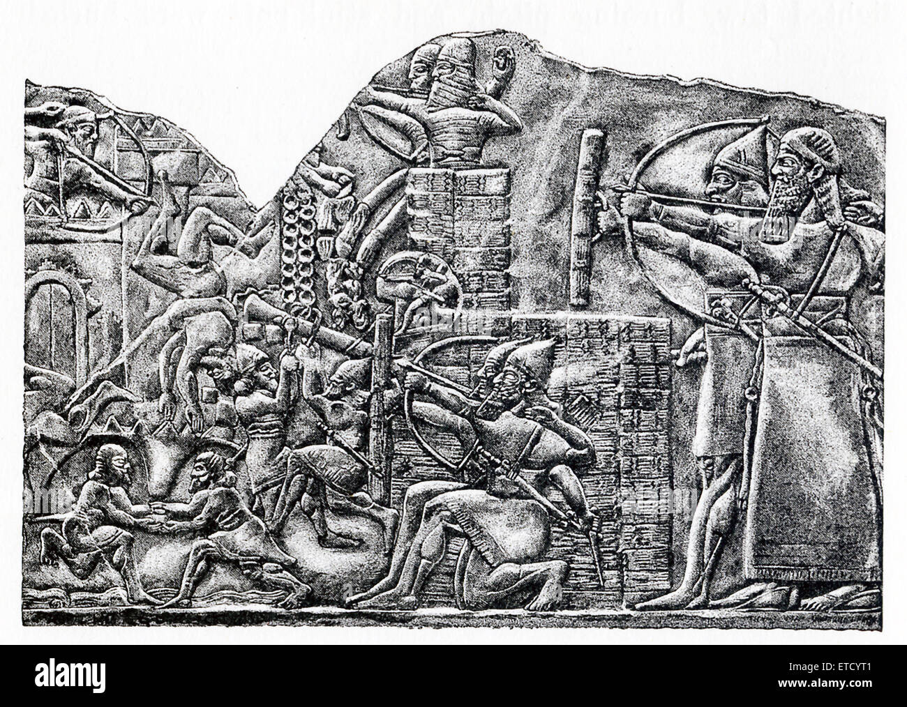 This drawing is by Henri Faucher-Gudin and accompanied the 1916 book series 'History of Egypt' by French Egyptologist Gaston Maspero. The drawing is based on a bas-relief brought from Nimrud that is now in British Museum.It shows an Assyrian turreted battering-ram attacking walls of a town. Men in the turret are archers aiming their arrows at the town. Behind them are more archers. The townspeople have built their defensive walls and archers are trying to destroy or cripple the battering ram. The Assyrian king Ashurnasirpal III (883-859 B.C.) had his palace at Nimrud (ancient Kalhu) in present Stock Photo