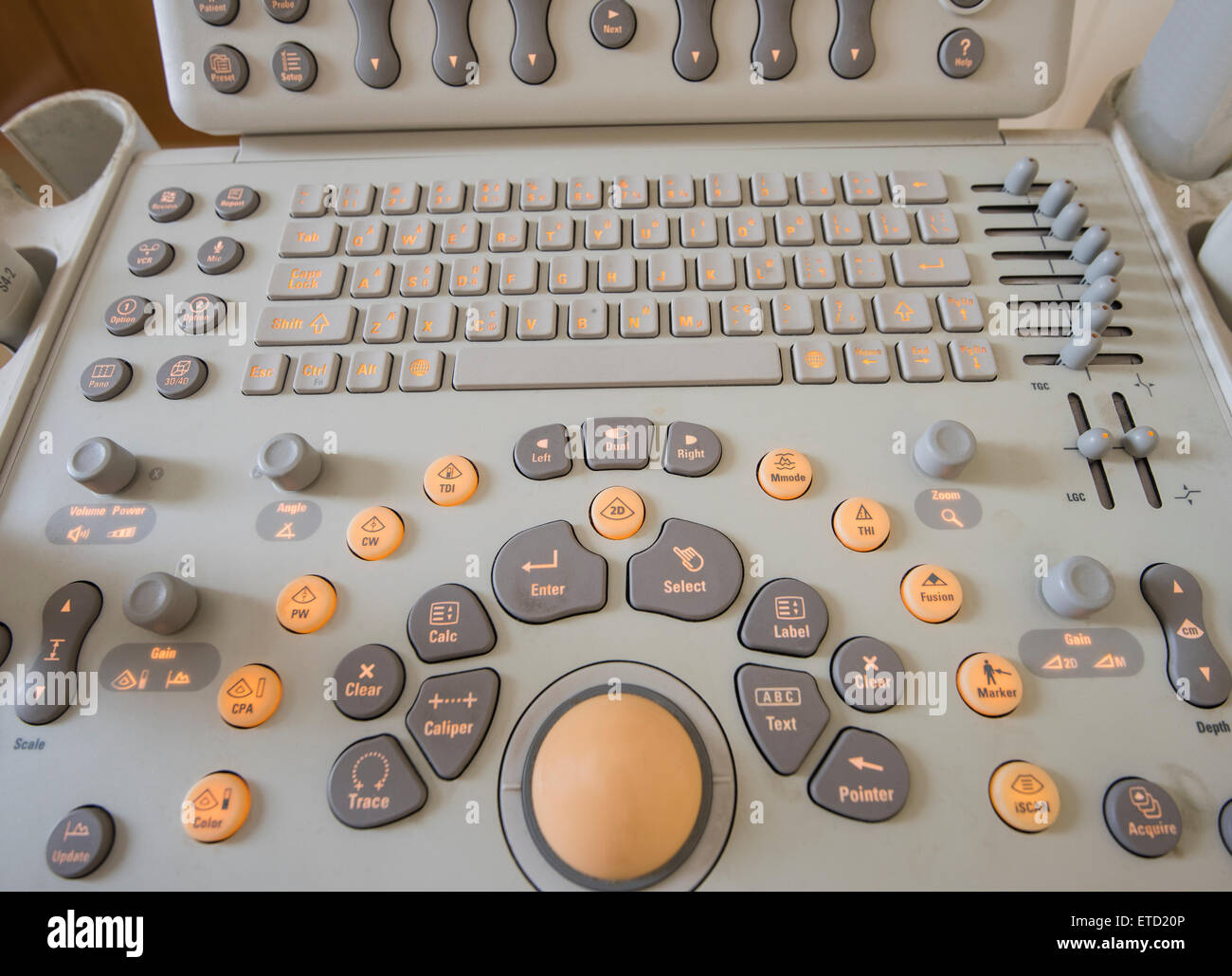 Closeup detail of an ultrasound scanner machine control keypad in