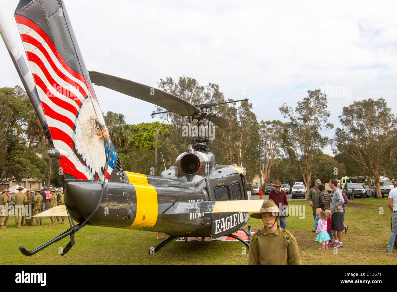 Sydney, Australia. 13th June, 2015. 10th Avalon Beach Military Tattoo featured Huey Eagle One Vietnam helicopter Stock Photo
