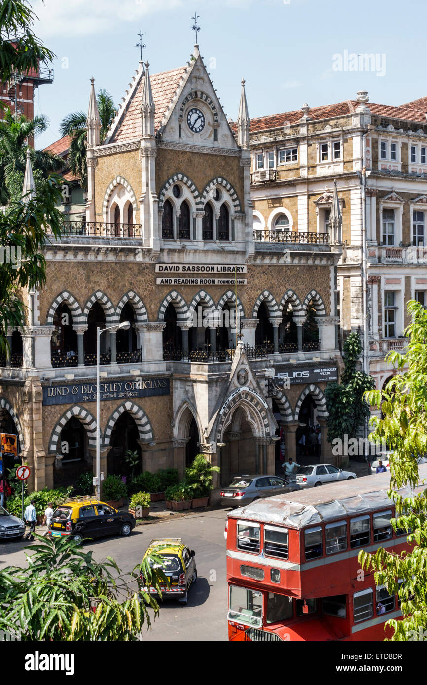 Mumbai India,Fort Mumbai,Mantralaya,Mahatma Gandhi Road,David Sassoon Library & Reading Room,Rampart Row,yellow Malad stone,double decker bus,coach,In Stock Photo