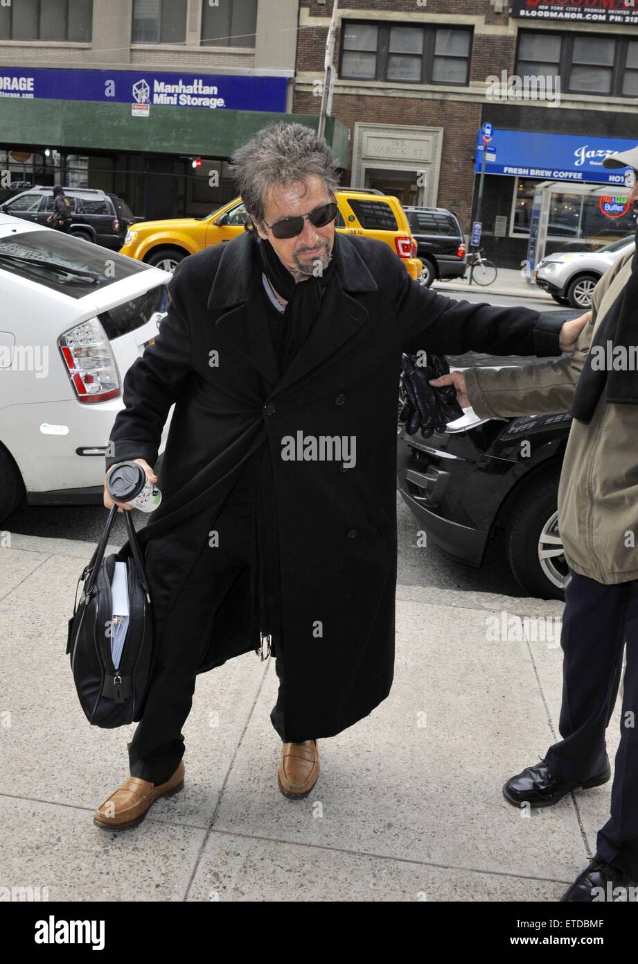 Al Pacino exits his car and heads to WNYC Radio studios wearing a full