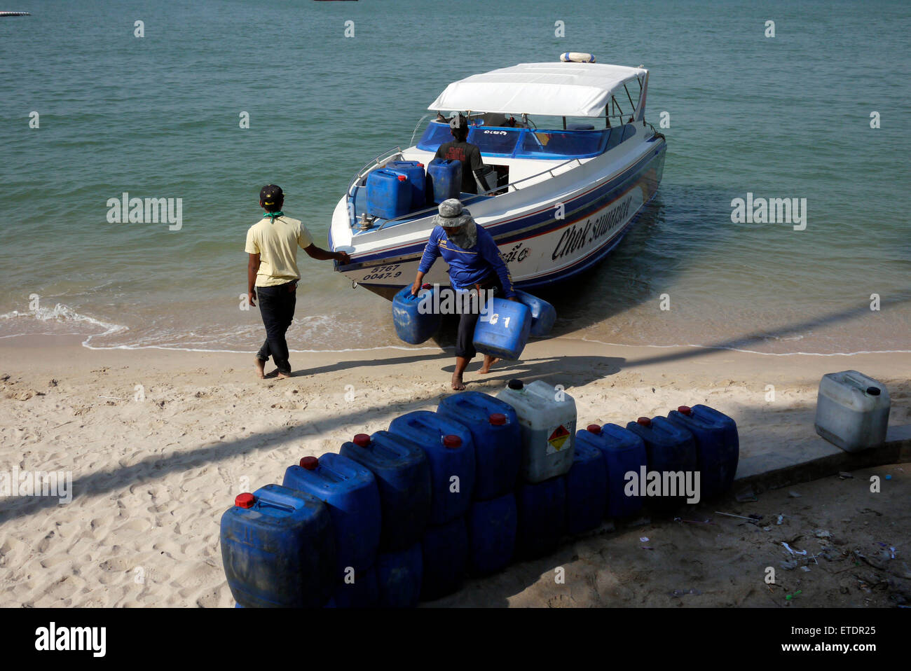Refueling motorboat on the beach in Pattaya Thailand Stock Photo