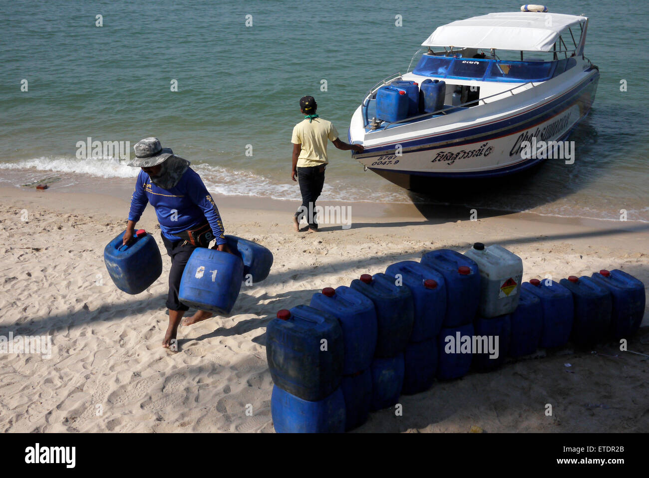 Refueling motorboat on the beach in Pattaya Thailand Stock Photo