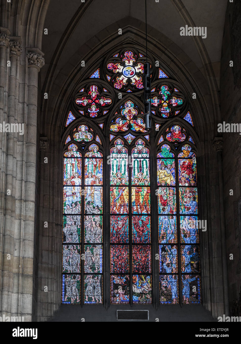 Ornamental Stained glass in historical St Vitus Cathedral, Prague castle, Czech republic Stock Photo