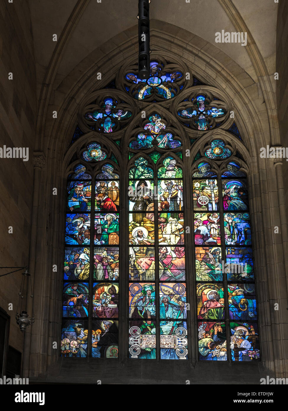 Ornamental Stained glass in historical St Vitus Cathedral, Prague castle, Czech republic Stock Photo