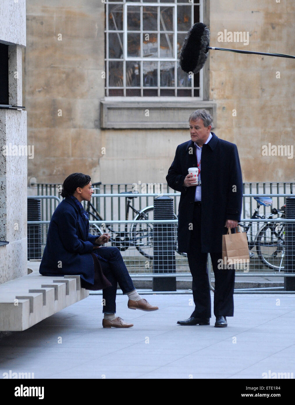 Hugh Bonneville filming the new TV program 'W1A' at the BBC Studios