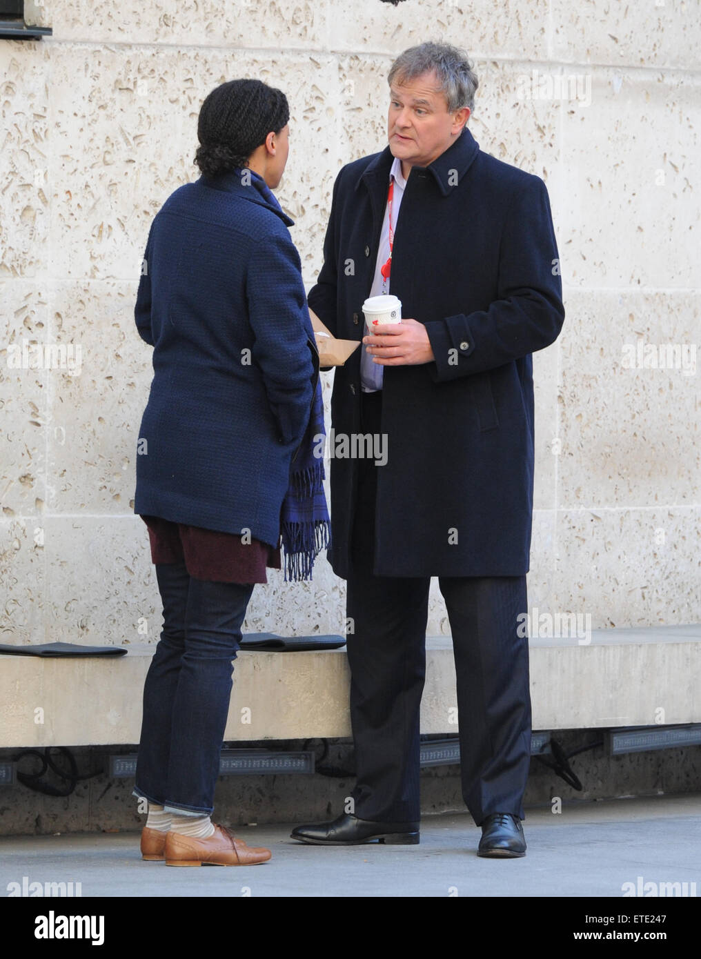 Hugh Bonneville filming the new BBC series of W1A at the BBC Studios