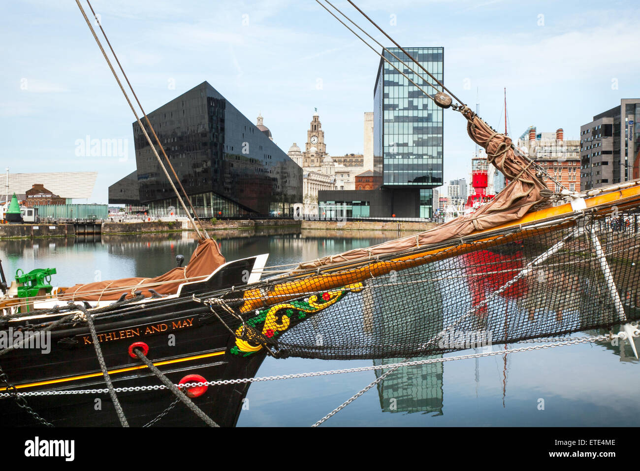 Kathleen and May Tall ship, British built wooden hull three masted top sail schooner moored in Canning Dock with Mann Island Development  on the Stock Photo