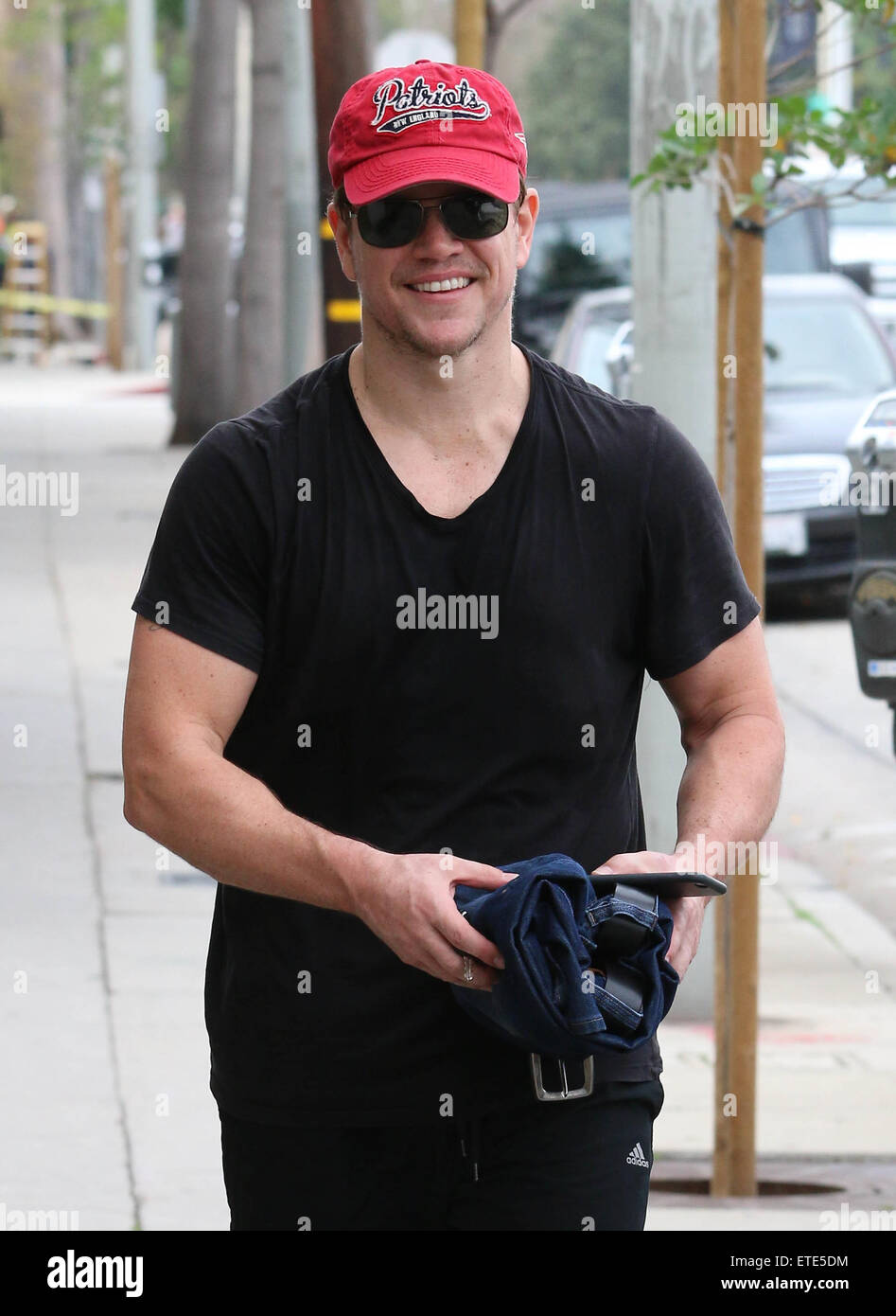 Matt Damon leaves the gym wearing a New England Patriots cap, showing  support for his hometown team in the upcoming NFL Super Bowl XLIX  Featuring: Matt Damon Where: Los Angeles, California, United