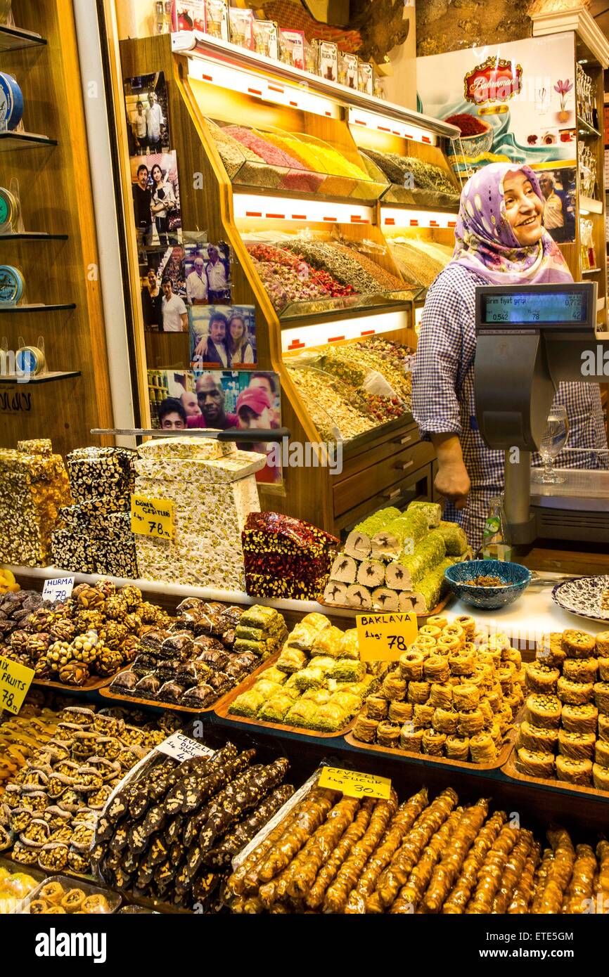 The Spice Bazaar, located in the Eminönü district of Istanbul, Turkey is one of the largest bazaars in the city. Stock Photo