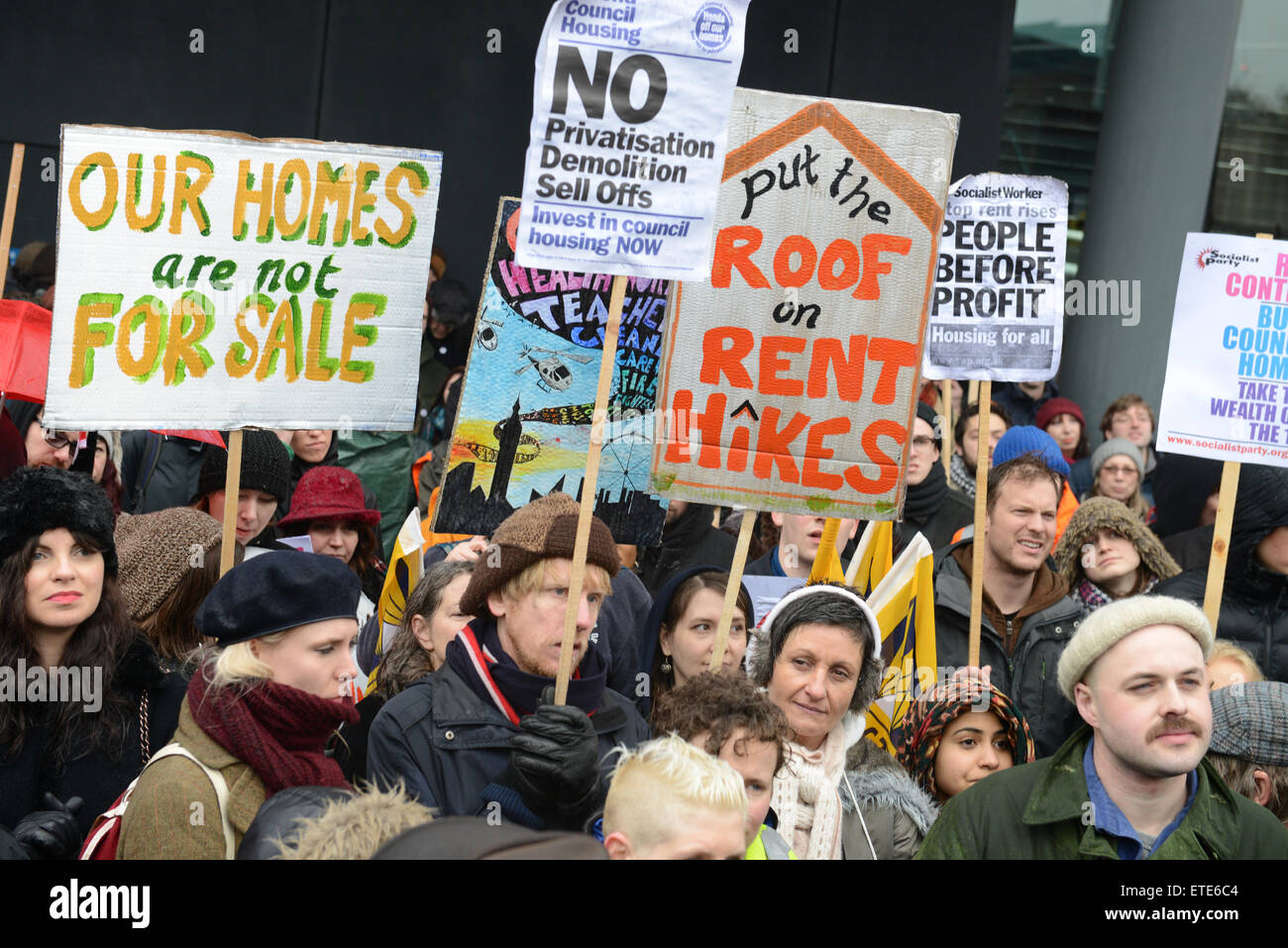 The March for Homes descends on City Hall to call on Boris Johnson to provide a council house building programme, affordable rents, secure tenancies, and an end to evictions and the bedroom tax  Featuring: Atmosphere Where: London, United Kingdom When: 31 Jan 2015 Credit: WENN.com Stock Photo
