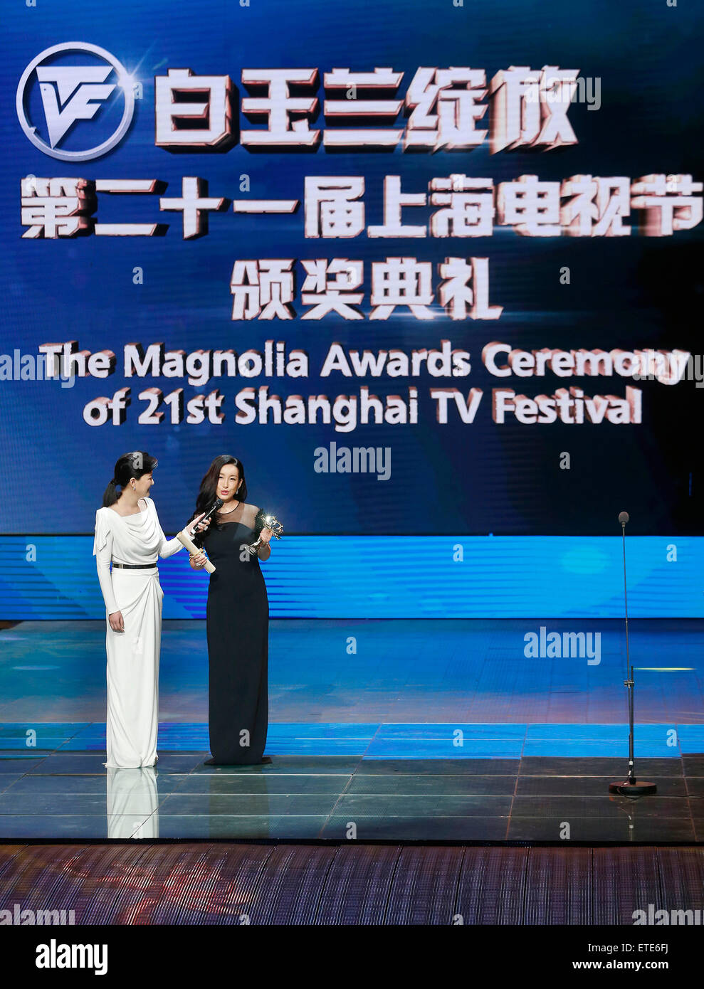 (150612) -- BEIJING, June. 12, 2015 (Xinhua) -- Actress Qin Hailu (R) wins the the Best Supporting Actress award during the 21st Shanghai Television Festival in east China's Shanghai Municipality, June 12, 2012. The 21st Shanghai Television Festival closed in Shanghai Friday. (Xinhua/Ding Ting) (yxb) Stock Photo