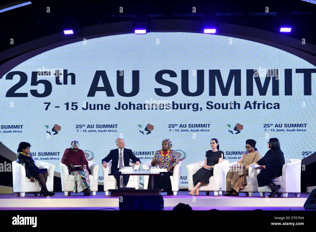 Johannesburg, South Africa. 12th June, 2015. Hollywood actress Angelina Jolie (3rd R) and African Union (AU) Commission Chairwoman Nkosazana Dlamini-Zuma attend a panel discussion during the 25th AU Summit in Johannesburg, South Africa, on June 12, 2015. Hollywood actress Angelina Jolie, acting in her capacity as the United Nations envoy on refugee issues, on Friday called for an end to violence against women. Credit:  DIRCO/Jacoline Schoonees/Xinhua/Alamy Live News Stock Photo