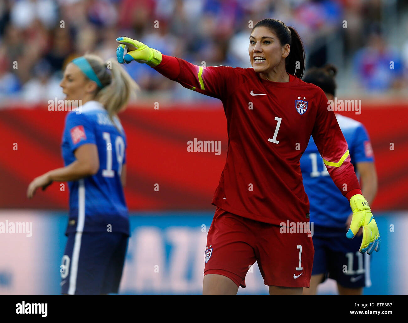 Winnipeg, Canada. 12th June, 2015. Hope Solo, goalkeeper of the United States, reacts during the Group D match against Sweden at Winnipeg Stadium in Winnipeg, Canada on June 12, 2015. ) Credit:  Xinhua/Alamy Live News Stock Photo