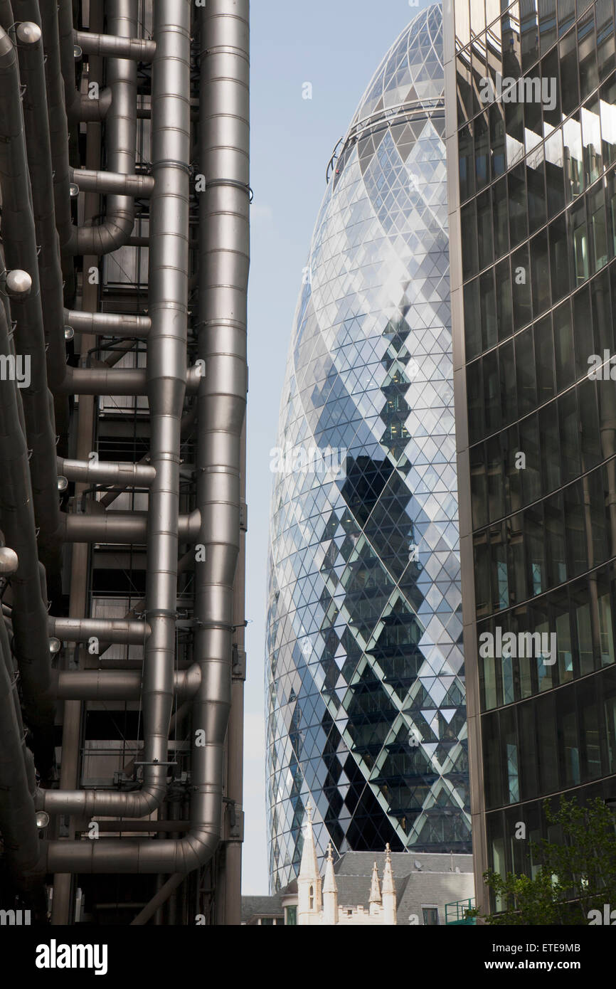Lloyds insurance building and the 'Gherkin' building. London. Stock Photo