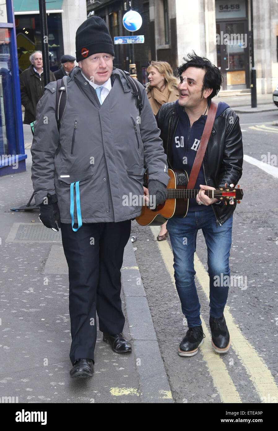 The Voice contestant Tim Arnold meets with London Mayor Boris Johnson in London's Soho district. Arnold, who was snapped up by judge Ricky Wilson on Saturday's show, is also the voice of Save Soho, a campaign group committed to preserving the area's heritage and preventing unsympathetic redevelopment of the area. Members include Stephen Fry and Benedict Cumberbatch.  Featuring: Tim Arnold, Boris Johnson Where: London, United Kingdom When: 02 Feb 2015 Credit: WENN.com Stock Photo