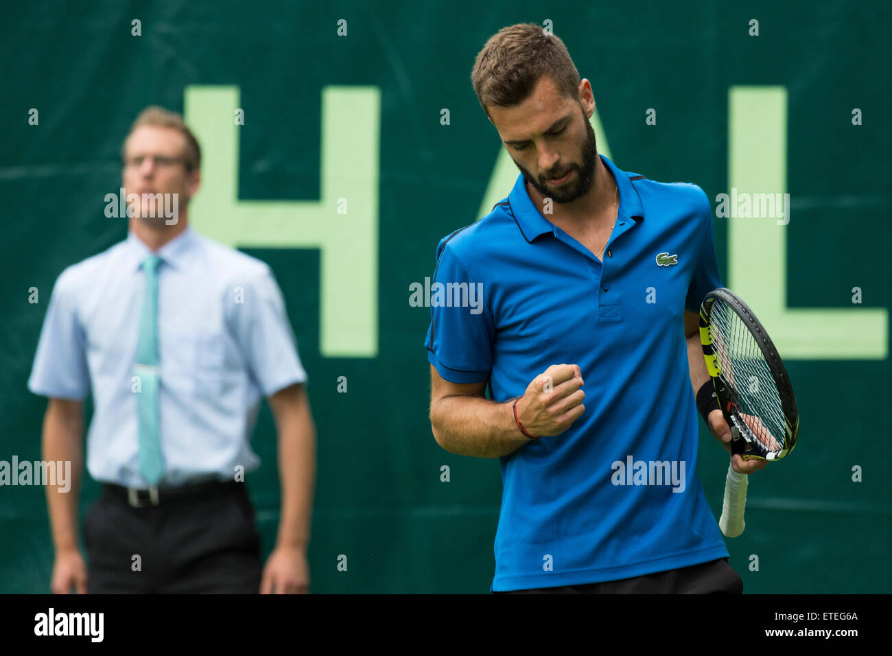 Halle, Germany. 13th June, 2015. Benoit Paire (FR) celebrates winning the first set in the qualifying rounds of the ATP Gerry Weber Open Tennis Championships at Halle, Germany. Credit:  Gruffydd Thomas/Alamy Live News Stock Photo