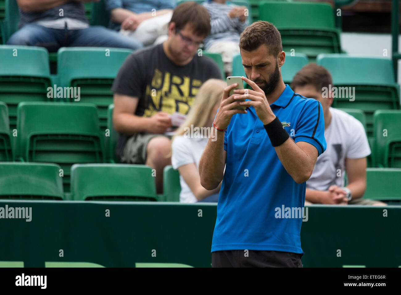 French tennis player Benoit Paire takes a selfie before his match in the qualifying rounds of the ATP Gerry Weber Open Tennis Championships at Halle, Germany. Stock Photo
