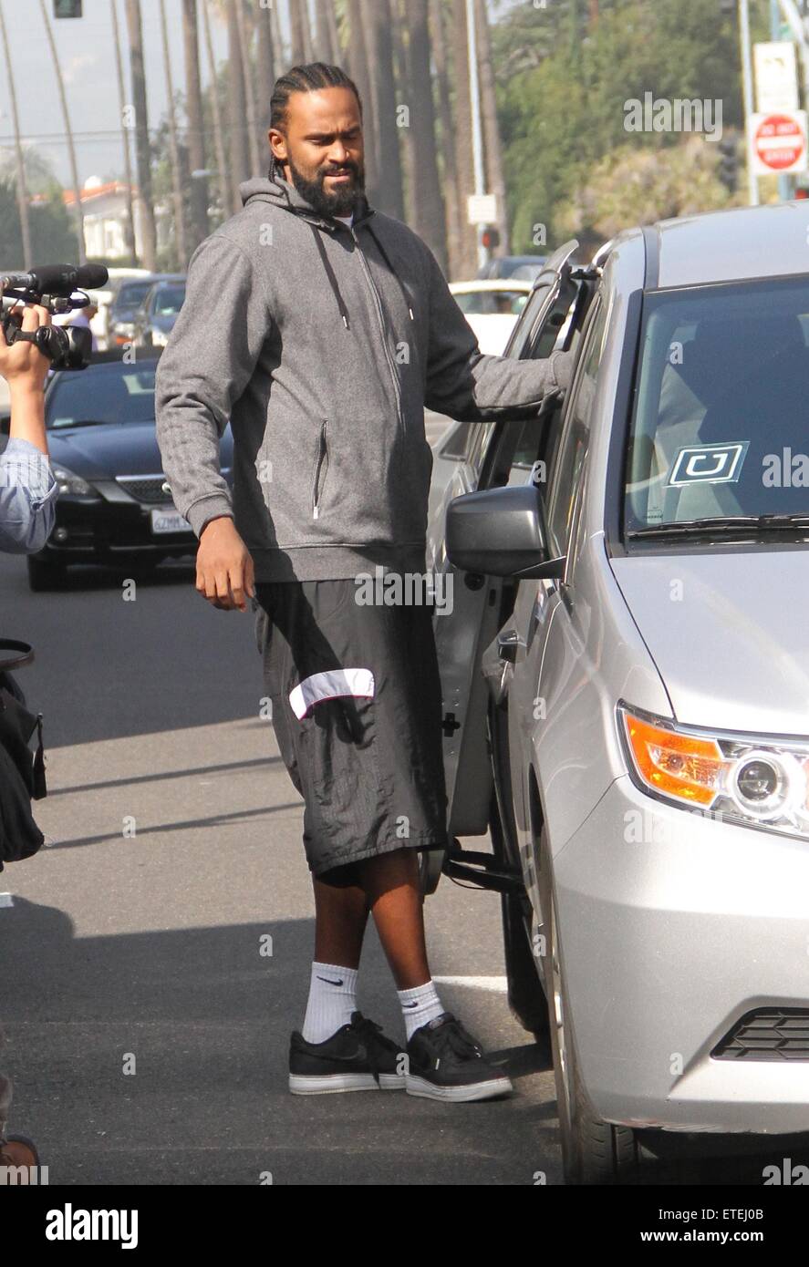 Ronny Turiaf gets into an Uber cab in Beverly Hills Featuring: Ronny