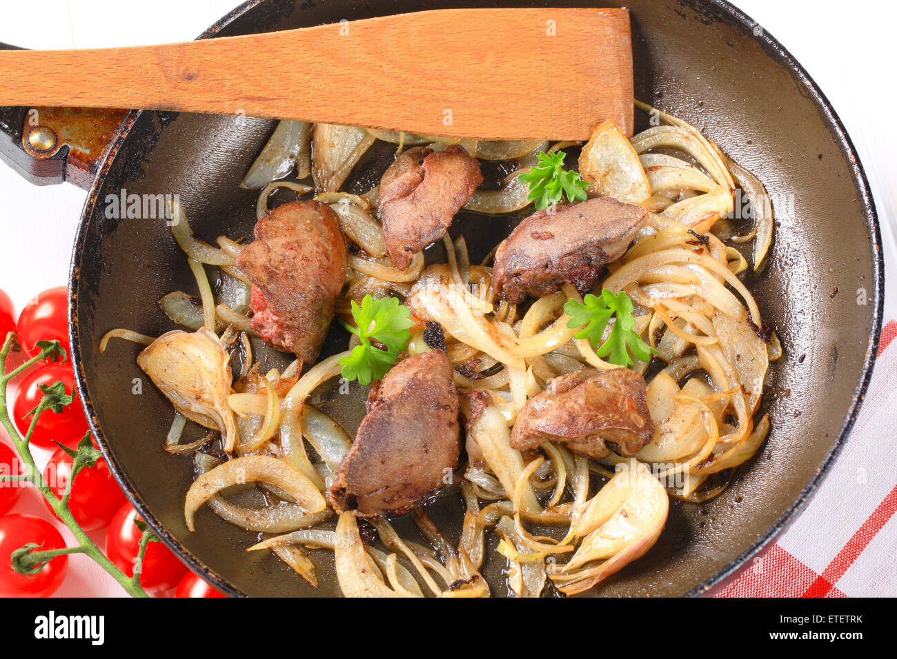 Pan fried chicken liver and onions Stock Photo