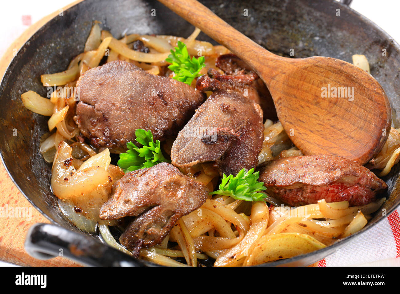 Pan fried chicken liver and onions Stock Photo