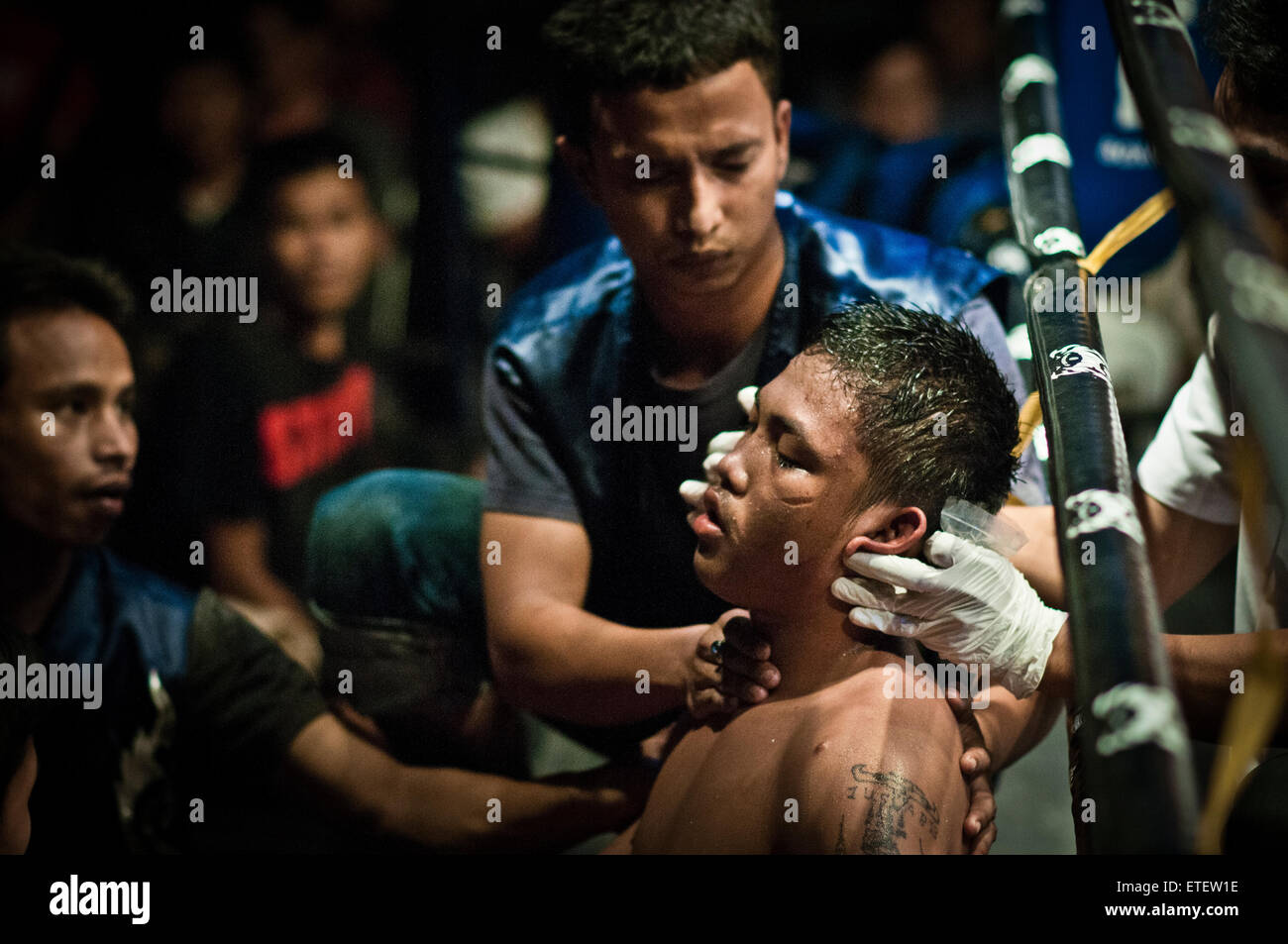 Muay Thai fight in Thailand boxing stadium Stock Photo