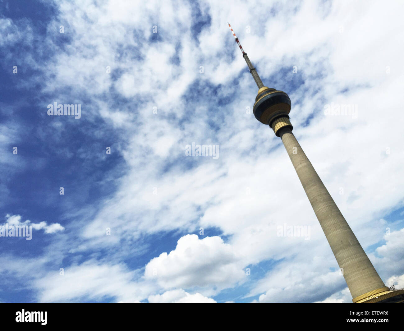 Beijing, China. 13th June, 2015. Photo taken by a cell phone on June 13, 2015 shows the China Central Television Tower under the blue sky in Beijing, capital of China. © Wang Quanchao/Xinhua/Alamy Live News Stock Photo