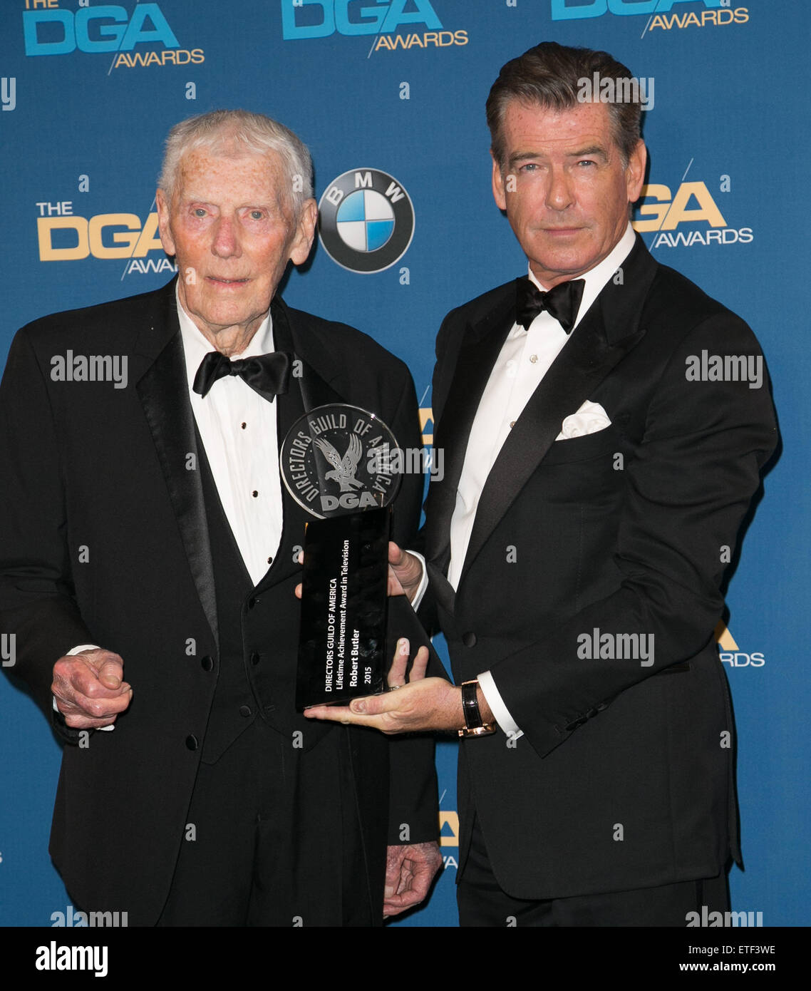 Celebrities attend 67th Annual DGA Awards - Press Room at the Hyatt Regency Century Plaza.  Featuring: Robert Butler, Pierce Brosnan Where: Los Angeles, California, United States When: 07 Feb 2015 Credit: Brian To/WENN.com Stock Photo