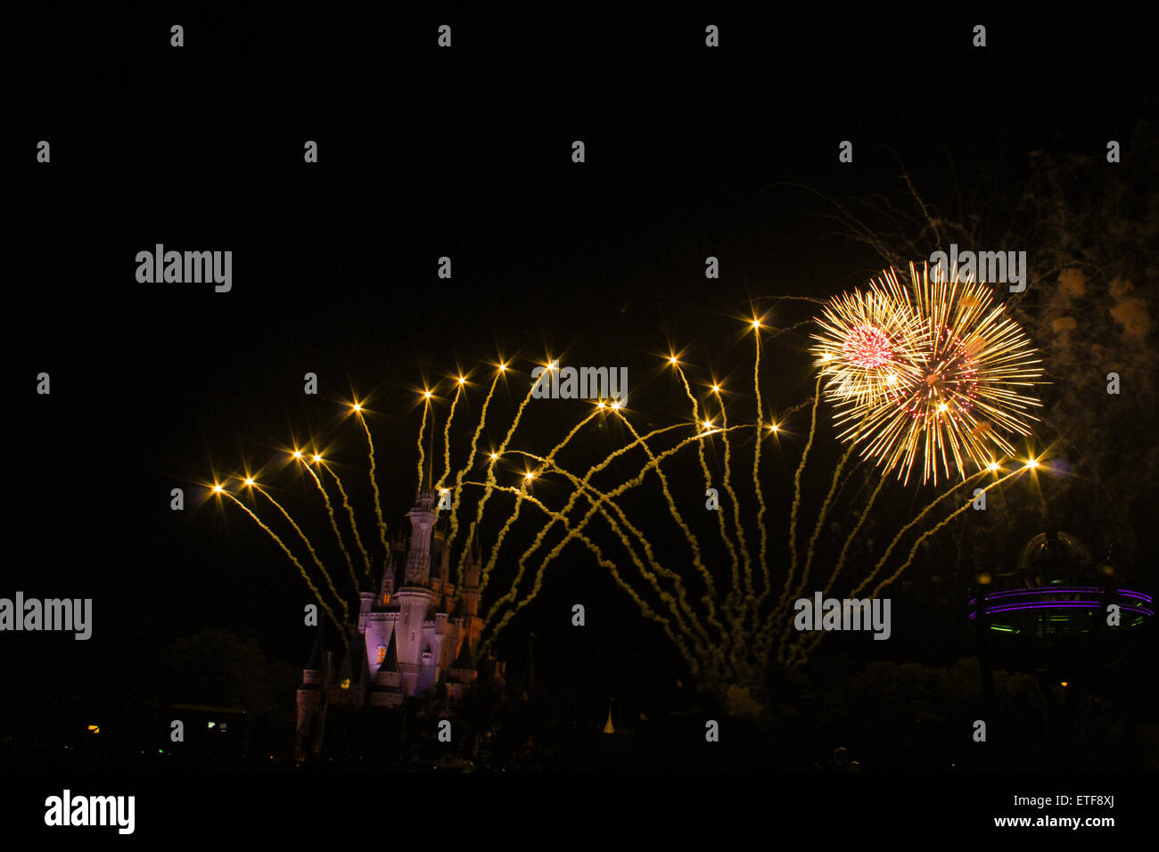 Disney World fireworks on a perfect night with the view of the castle. Stock Photo