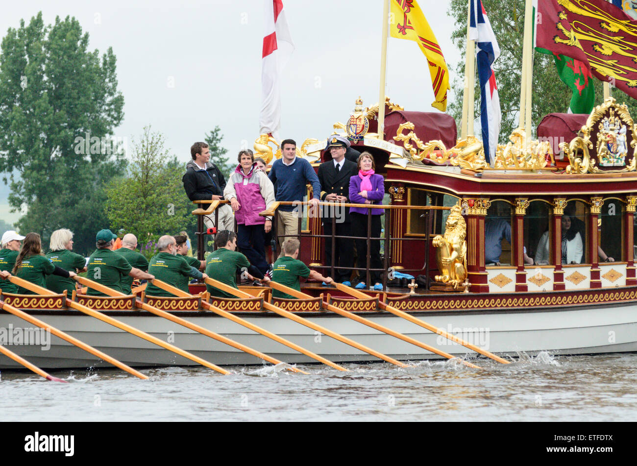 Cookham, Berkshire, UK. 13th June, 2015. The Queen's Row Barge Gloriana sails down the Thames towards Cookham, Berkshire, England, UK on 13 June 2015. Gloriana is taking part in a two day Flotilla from Hurley to Runnymede to commemorate the 800th anniversary of the sealing of the Magna Carta. Credit:  Michael Winters/Alamy Live News Stock Photo