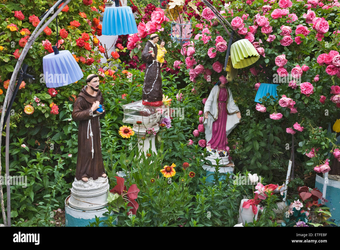 Religious figurines and  June bright June  blooming roses create a quirky but beautiful diorama at the garden of C. L. "Tunnie". Stock Photo