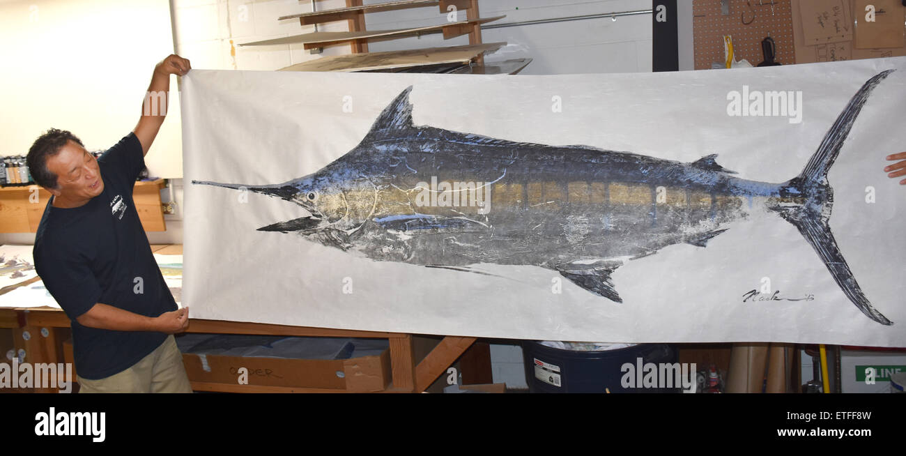 Hawaiian artist Naoki Hayashi presents a life-sized print of a spearfish in his workshop in Kaneohe on Oahu island, USA, 10 May 2015. Hayashi has transformed an ancient Japanese fish printing technique into an art form that has helped him attract clients from all over the world. Photo: Chris Melzer/dpa Stock Photo