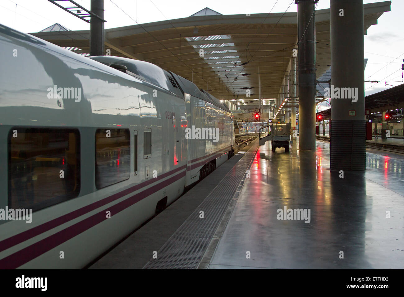 The Atocha Train Station. A high speed train is loading for an early morning commute. Stock Photo