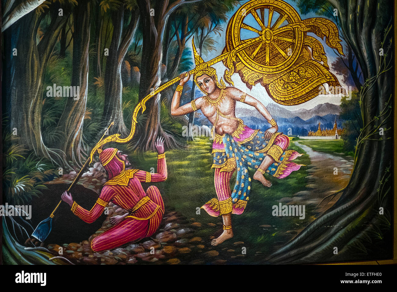 Asia. Thailand, Chiang Mai. Temple Wat Chiang Mun. Paintings illustrating the life of Buddha. Stock Photo