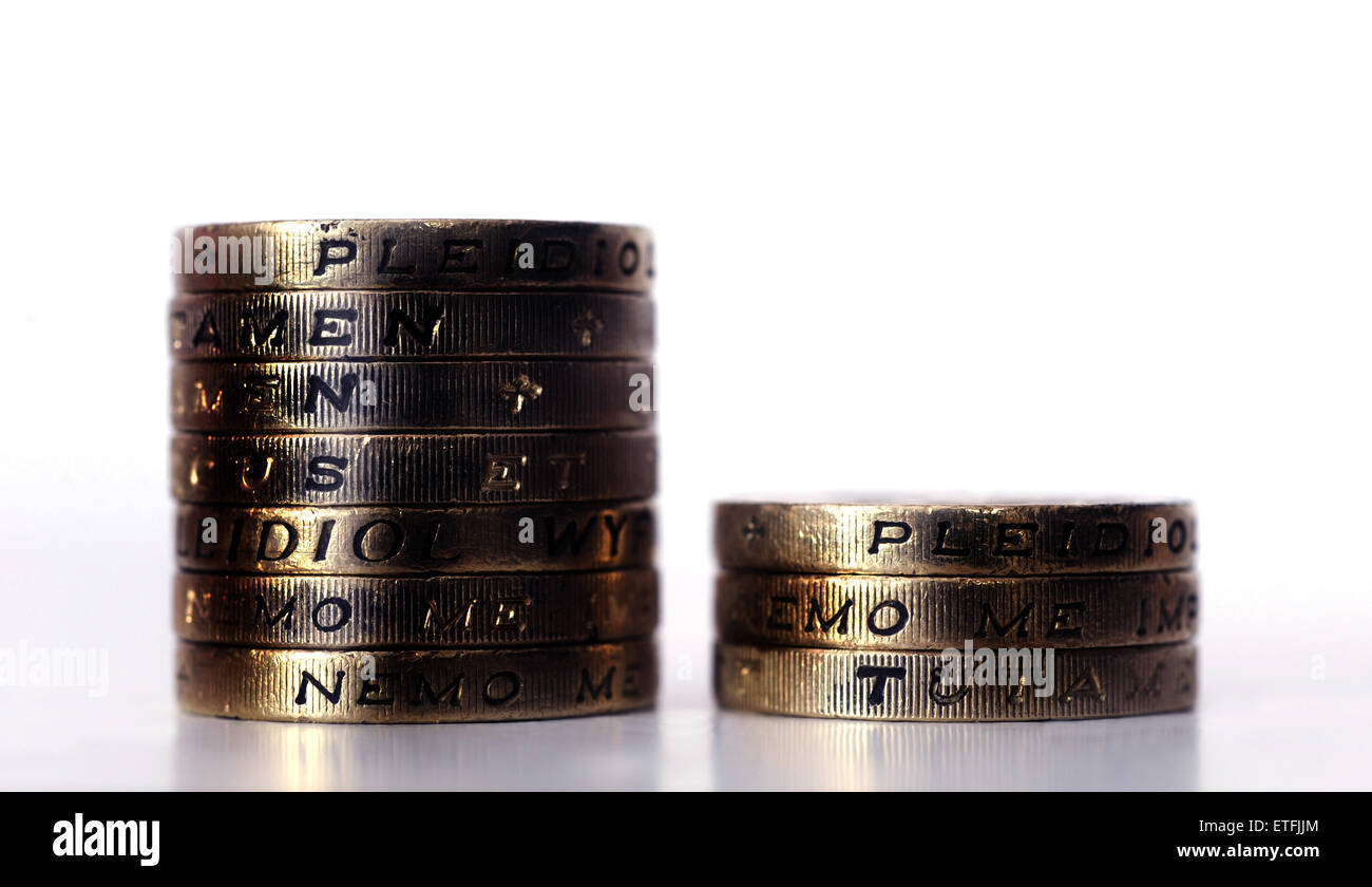 PILE OF ONE POUND COINS WITH LETTERS READING PENSION POT RE INCOMES WAGES COMPANY PENSIONS SCHEME PRIVATE SAVINGS RETIREMENT UK Stock Photo