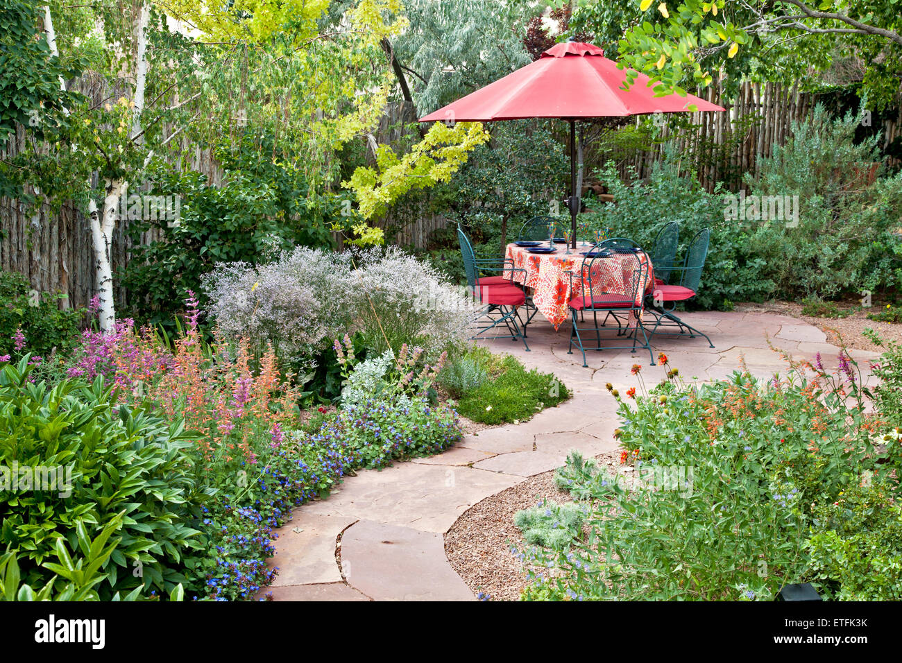 Holly Kinley has designed and made a  pretty back yard garden with an orange colored accent wall... Stock Photo