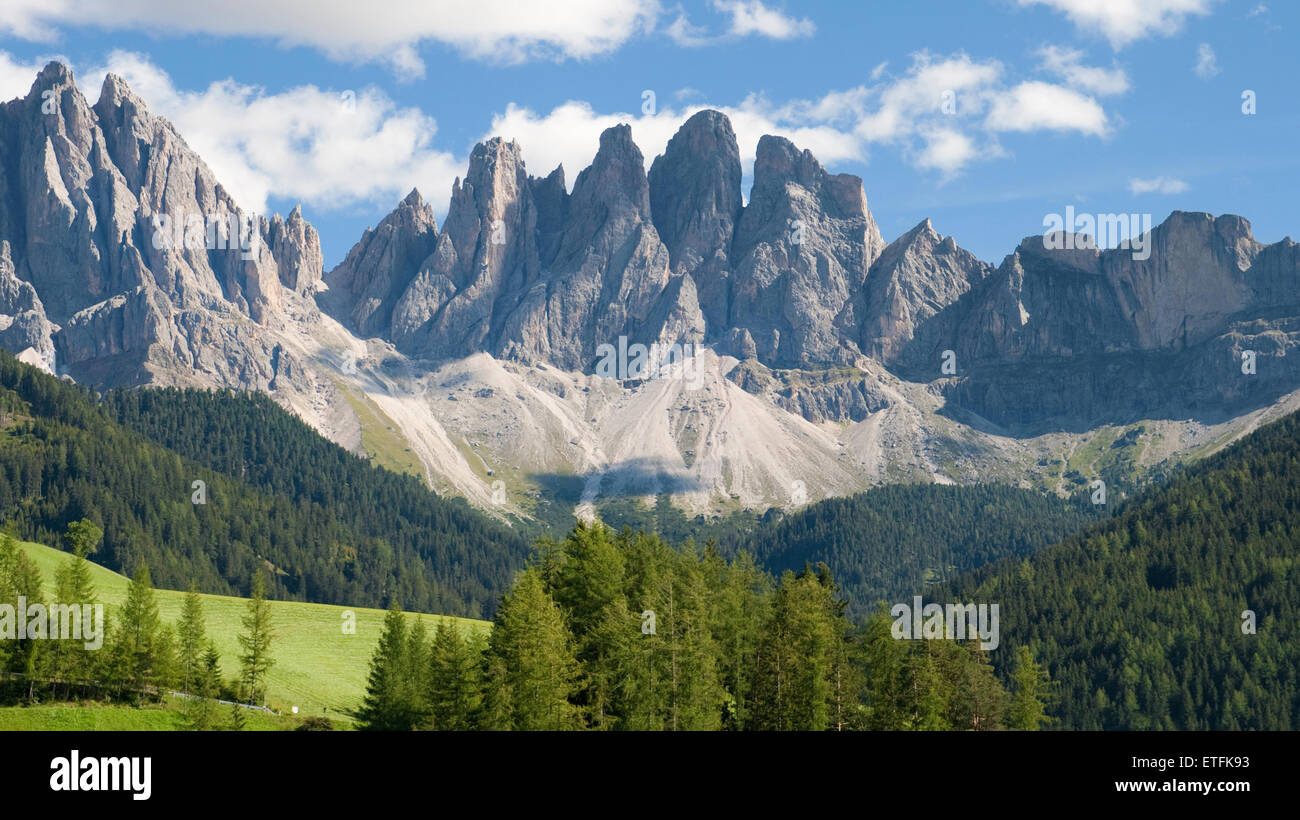 Geisler peaks from Santa Maddalena di Funes in South Tirol, Italy. Stock Photo