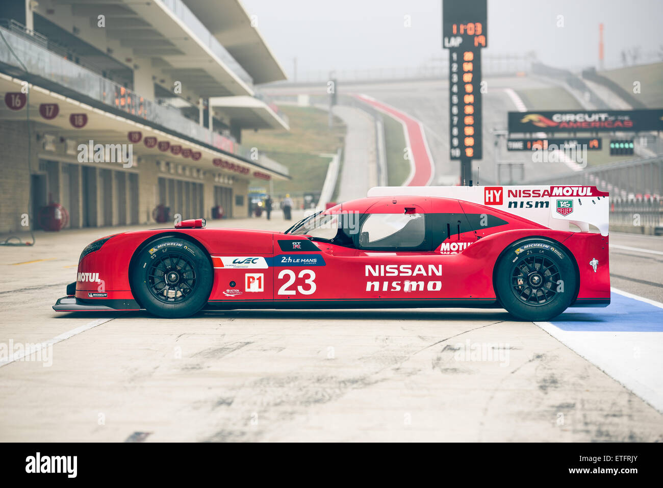 Nissan Nismo GT-R LMP1 prototype at the Circuit of the Americas ready to make its first laps around the track. Stock Photo
