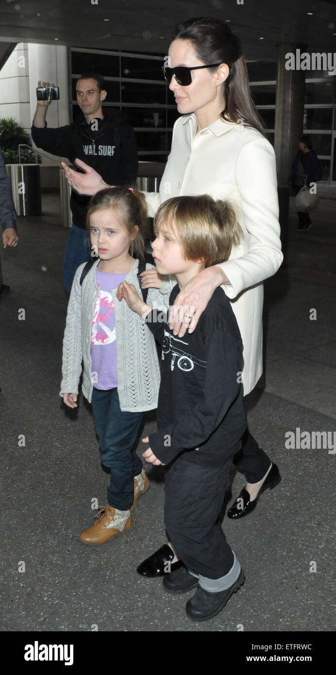 Angelina Jolie and her children at Los Angeles International Airport (LAX)  Featuring: Angelina Jolie, Shiloh Jolie