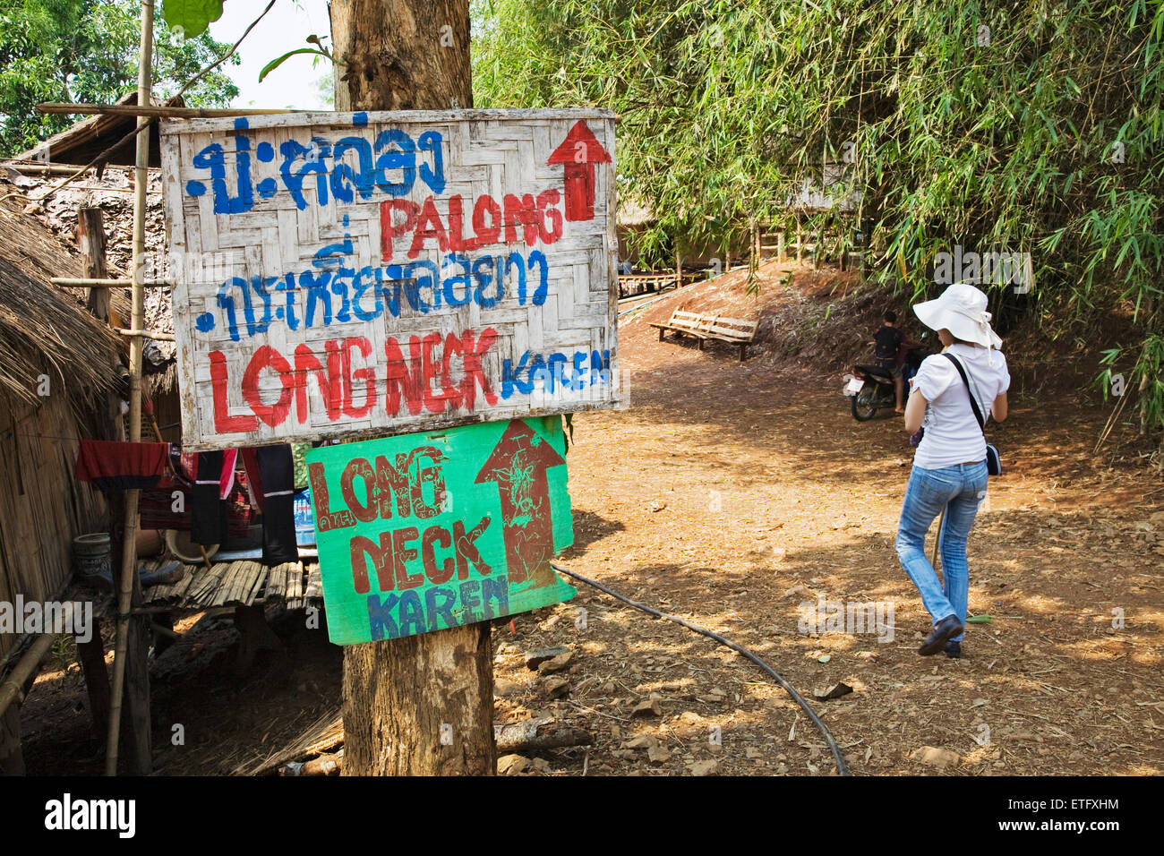 Signs  for the various groups of  tribes in the Hill Tribes  settlement village near Chiang Rai. Stock Photo