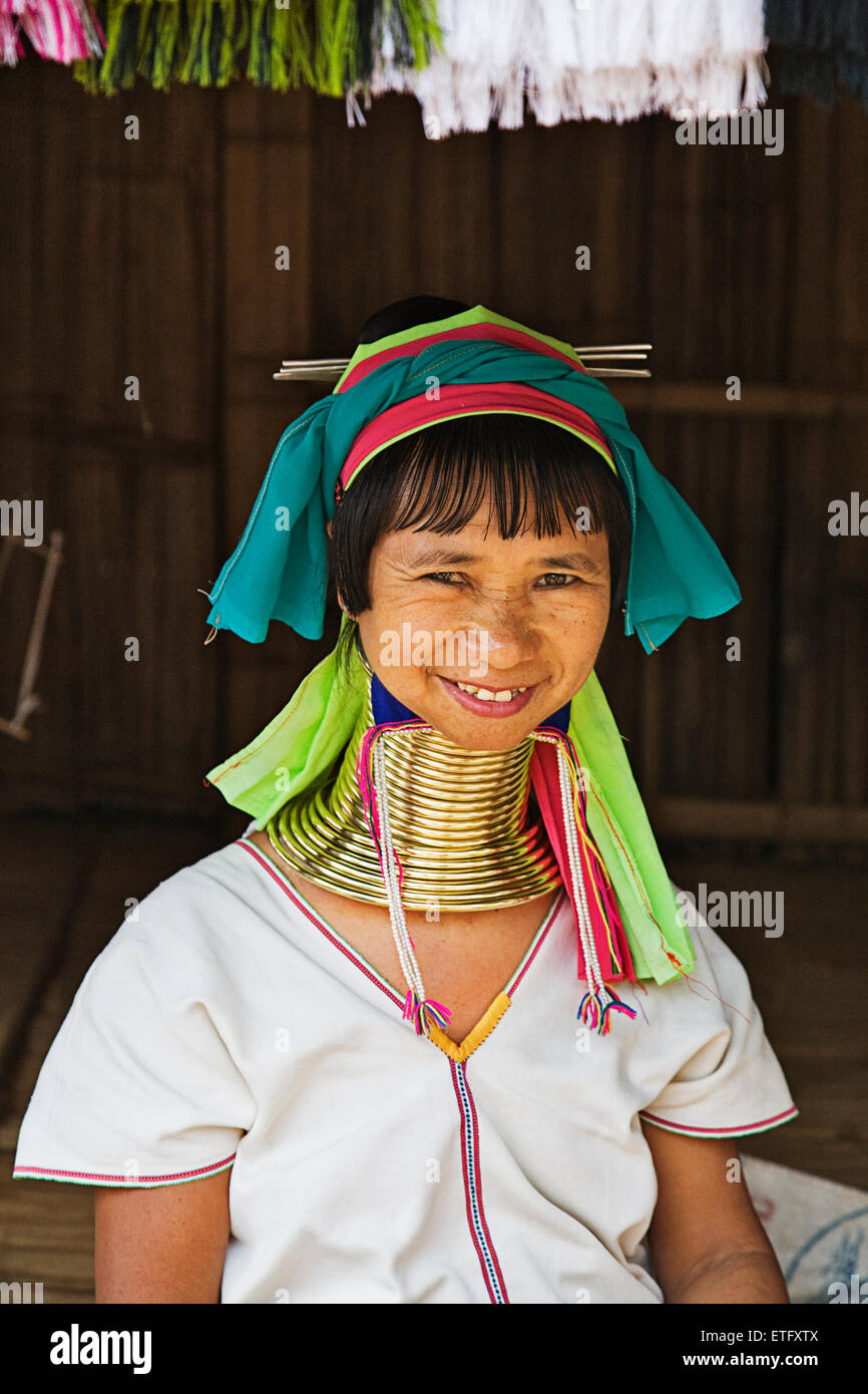 A Long Neck woman at the Hill Tribes settlement village near Chiang Rai. Stock Photo