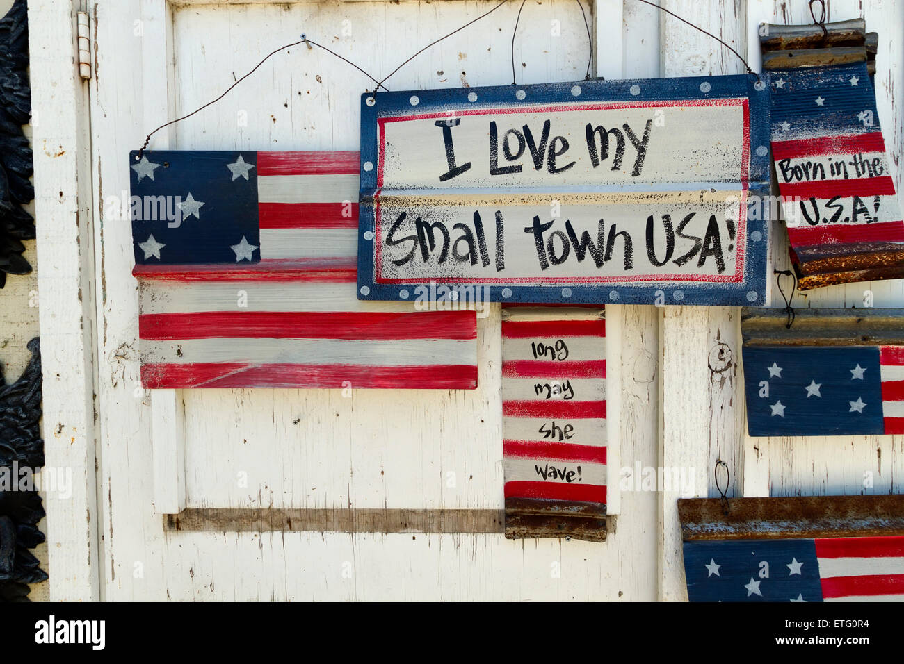Wooden signs of  the USA flag with slogans Stock Photo