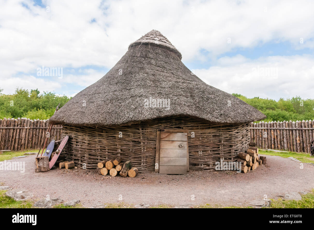 A replica iron-age dwelling, made from willow, hazel and thatch Stock Photo