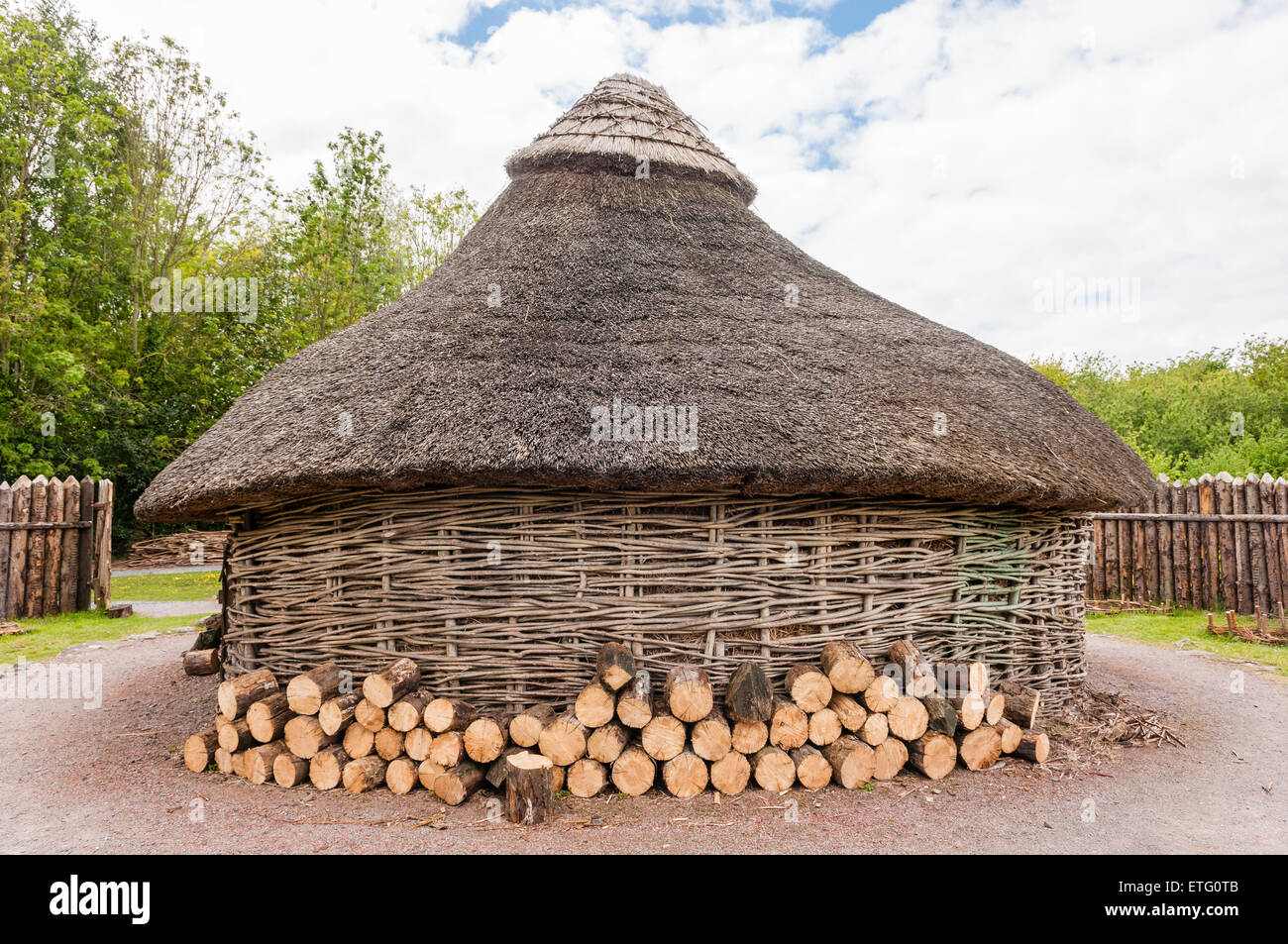 A replica iron-age dwelling, made from willow, hazel and thatch Stock Photo