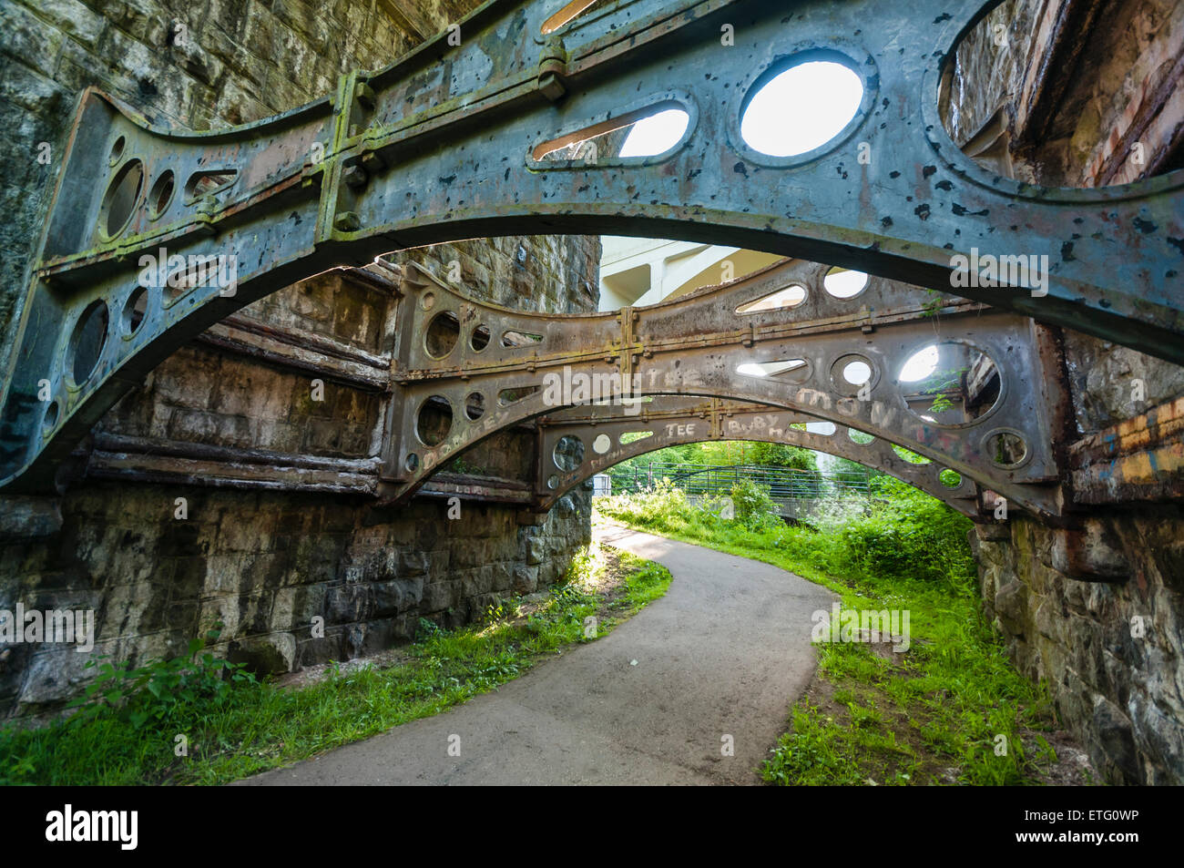 Iron braces on the supports of a Victorian viaduct. Stock Photo
