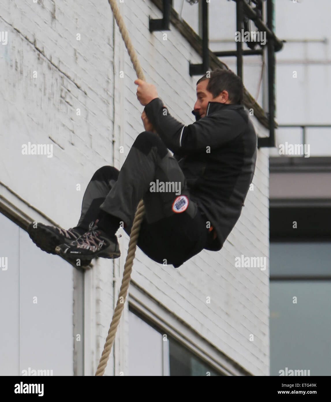 Bear Grylls making a dramatic entrance to This Morning Show at ITV ...