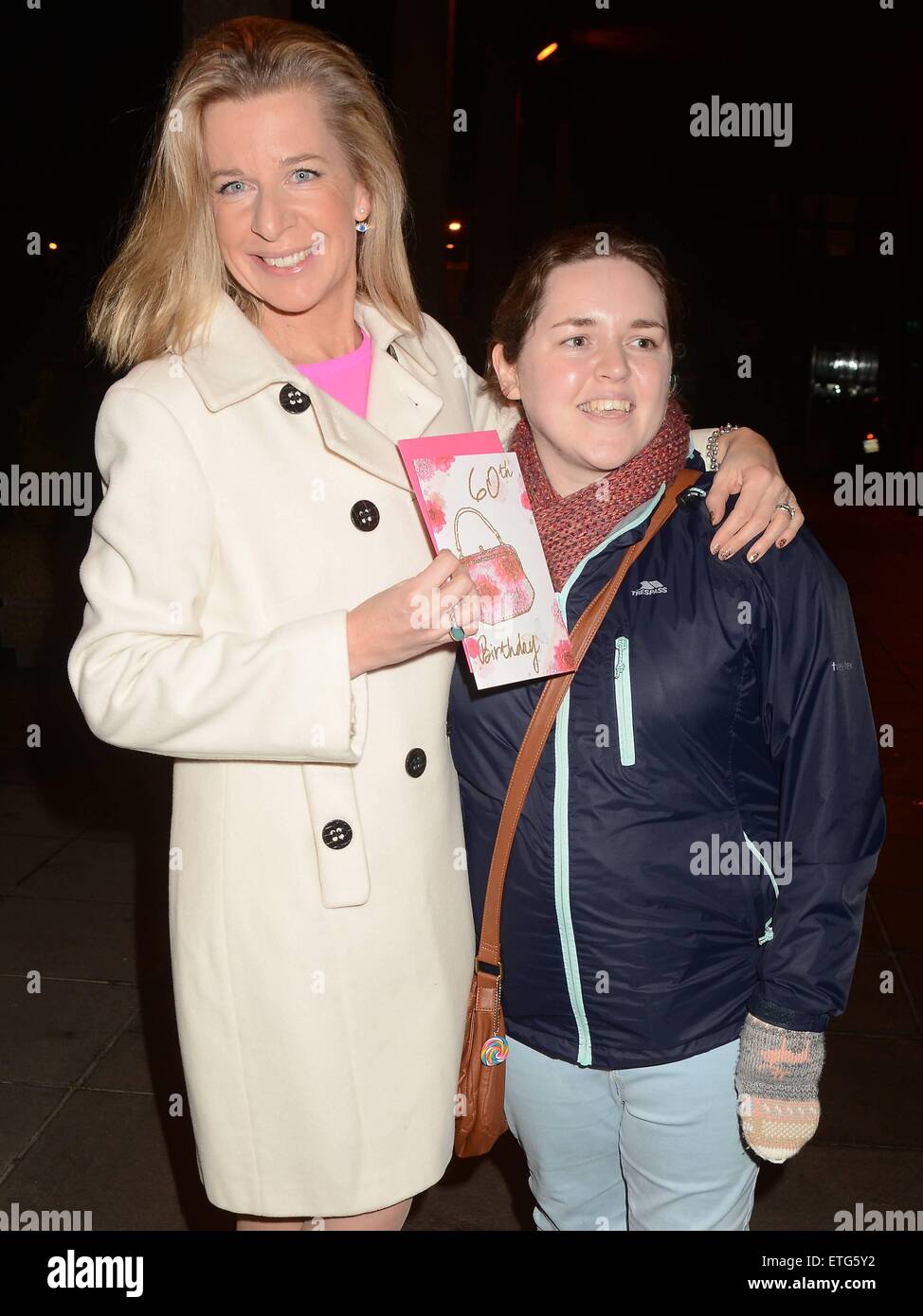 Katie Hopkins receives a 60th birthday card as she arrives at RTE